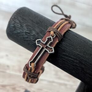 Leather? Tie Bracelet with Cross Charm